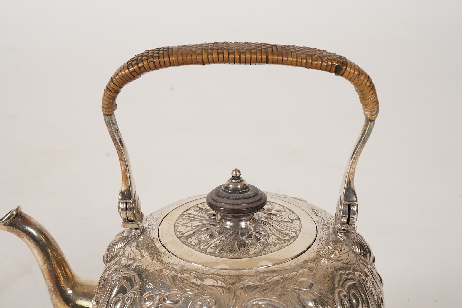 A George I silver tea kettle on stand, with burner by Gabriel Sleath, stand unmarked